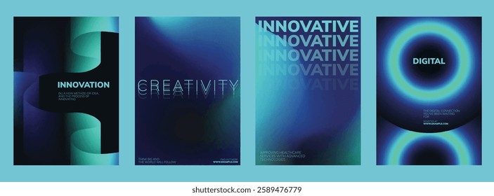 Futuristic digital design templates. Digital poster template set with abstract blue and green gradient background design. Set of digital innovation poster templates, blue and neon green design