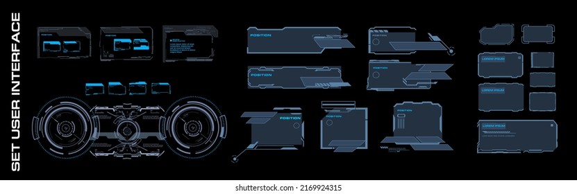 Futuristic digital dialog boxes and frames for PC gaming user interface. Virtual graphical user interface with elements HUD digital UI mockup