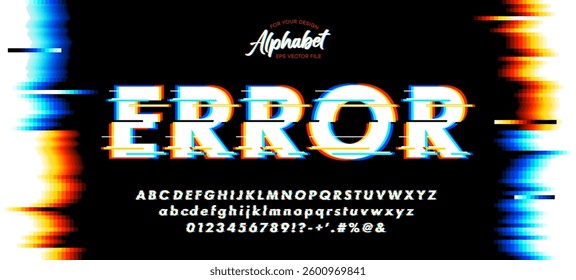 Futuristic digital distortion font and alphabet. Text with screen glitch VHS effect. Vector illustration