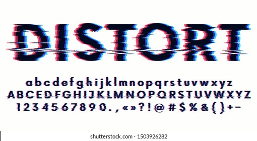 Futuristic digital distortion stylized alphabet, glitch font with lowercase and uppercase letter, numbers and symbols, 3d stereo effect, vector illustration