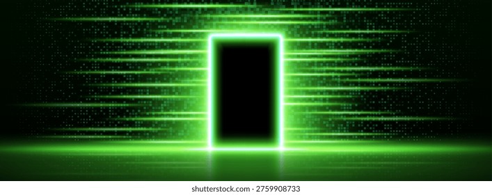 Futuristic digital door glowing with green neon light, abstract vector background. Opened cyber portal or gate with pixel glitch effect, high tech entrance or exit concept