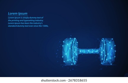 Futuristic digital dumbbell made of glowing blue polygonal lines and dots.Low poly wireframe dumbbell illustration on a dark blue background. Ideal for fitness, vector illustration.
