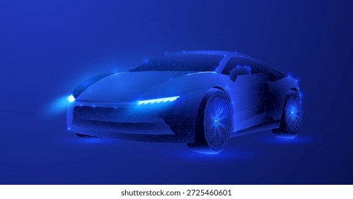 Coche eléctrico digital futurista con Tecnología de conducción autónoma y diseño de marco de alambre poligonal sobre fondo azul
