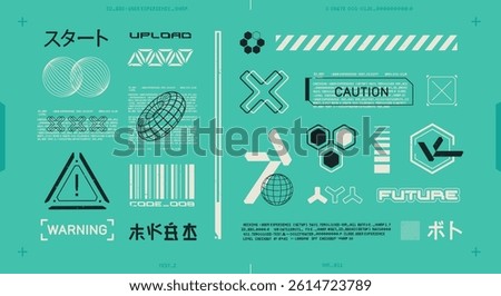 Futuristic digital elements in Cyberpunk style for t-shirt print design. Futuristic HUD elements with Japanese text inscription. 90s Retro futuristic background for silkscreen clothing