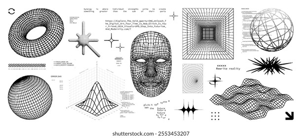 Futuristic digital elements, pixelated ai face in wireframe style, universal geometric shapes. Sci-fi elements in a stylish 8-bit design. HUD interface and Artificial intelligence concept. Vector HUD