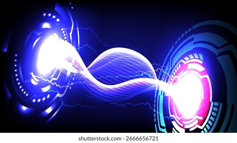 Futuristic digital energy flow with glowing wave connection between two abstract tech interfaces, representing data transfer, AI, and high technology concept.