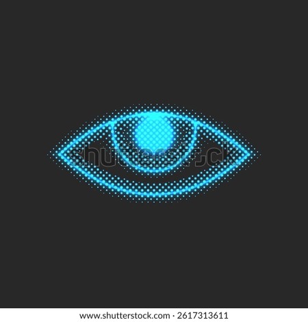 Futuristic digital eye icon with glowing blue halftone dot pattern, modern biometric vision scan symbol, perfect for cyber security interfaces, surveillance systems and ai recognition branding.