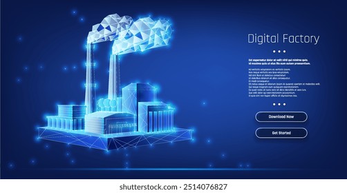 A futuristic digital factory skyline with glowing elements represents advanced technology and innovation in manufacturing