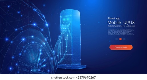 Futuristic Digital Gas Pump: Illuminated Polygonal Mesh Design on a Deep Blue Cosmic Background. Electric car at charging station. Vector illustration