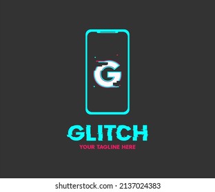 Futuristic digital Glitch app logo design. Tech lines, smartphone, neon effect, abstract digital elements, vector design and illustration.