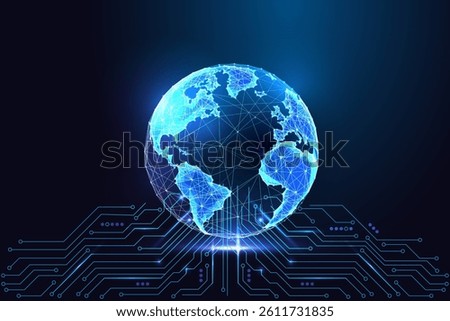Futuristic digital globe connected to electronic circuit lines on dark blue background global technology, connectivity, innovation, and digital transformation. Abstract vector illustration.