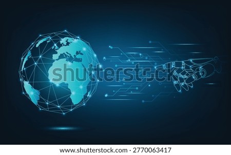 Futuristic digital globe with connected network lines and robotic hand pointing, symbolizing artificial intelligence, global technology, data communication, and innovation.