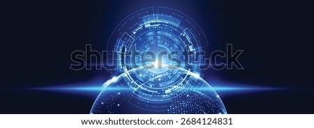 Futuristic digital globe with glowing blue technology interface, innovation data network, and abstract cyber design, symbolizing global communication, AI, and future connectivity.