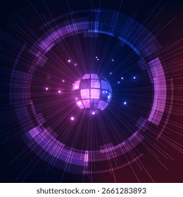 Globo digital futurista cercado por anéis tecnológicos abstratos em roxo e azul. Luzes brilhantes e linhas radiais representam transmissão de dados, comunicação digital e conectividade global.