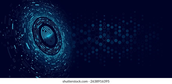 Futuristic digital glowing fingerprint scanner surrounded by circular cyber elements and hexagonal data patterns. Biometric background symbolizes identity verification. Vector illustration.