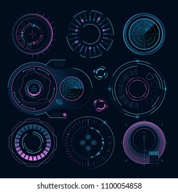 Gráficos digitales futuristas. Formas radiales hud para información de interfaz web, esfera circular electrónica, ilustración vectorial