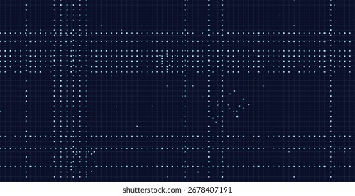 Futuristic digital grid with blue dots on dark background.