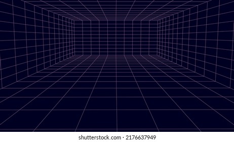 Futuristic digital grid box dark background. Wireframe room network abstract technology line. Vector illustration.