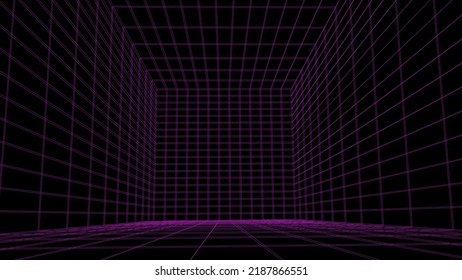 Futuristische digitale Gitterbox rosafarbener Hintergrund. Abstrakte Technologie-Linie des Wireframe-Netzwerks. 3d-Perspektive. Vektorgrafik.