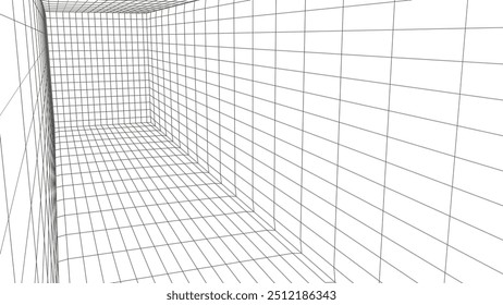 Caja de rejilla digital futurista con fondo blanco. Wireframe infinity room, tecnología de conexión de red. Estilo textura o patrón. Ilustración vectorial.