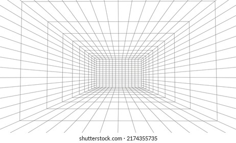 Fondo negro-blanco de la caja de cuadrícula digital futurista. Línea de tecnología abstracta de red de salas con estructura de alambre. Ilustración vectorial.
