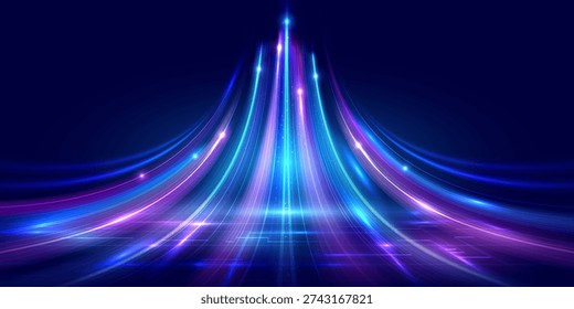 Futuristic digital growth background with high speed light trails rising from a technology network grid. Abstract concept of acceleration, data flow and digital transformation for corporate innovation. Vector EPS10.