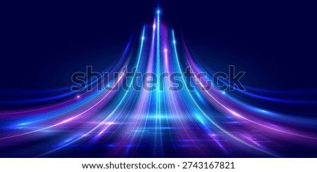 Futuristic digital growth background with high speed light trails rising from a technology network grid. Abstract concept of acceleration, data flow and digital transformation for corporate innovation. Vector EPS10.