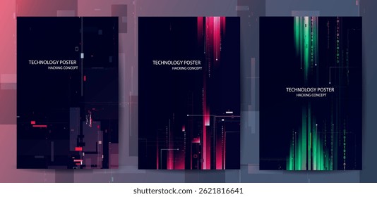Futuristic Digital Hacking Interface Poster Set. Glowing Blue red circuit and Tech Elements Binary Code background, Green circuit