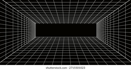 Espacio de pasillo digital futurista fondo de color gris-negro en blanco con superficies de color de línea de espacio de cuadrícula blanca. Cibernética, tecnología, Anuncios, cubiertas, terreno, ciencia ficción, marcos y fondos relacionados.