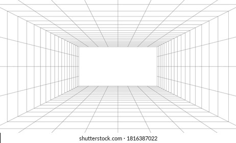 Futuristic digital hallway space blanks white color background with black grid space line color surfaces. Cyber, technology, banners, covers, terrain, sci-fi, frames, and related background.