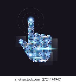 Futuristic digital hand cursor icon with glitch pixel art effect. Neon blue glowing squares forming a pointing gesture on dark background, modern biometric touch and high-tech interface concept. hand cursor pointing