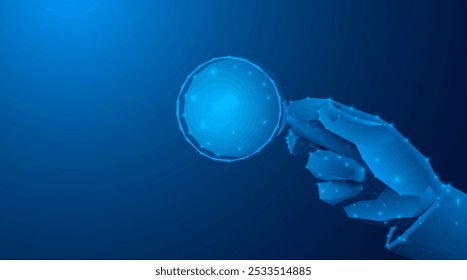 Futuristic digital hand holding a glowing magnifying glass. The polygonal, low-poly style vector illustration emphasizes technological search, analysis, and digital data exploration concepts. 