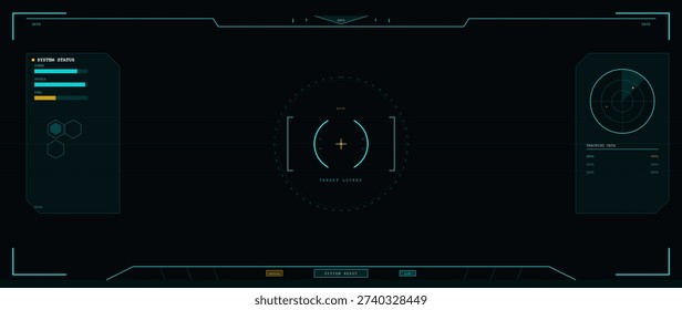 A futuristic digital heads-up display interface featuring a central targeting reticle, system status bars, and radar tracking data on a dark background for a sci-fi gaming aesthetic.