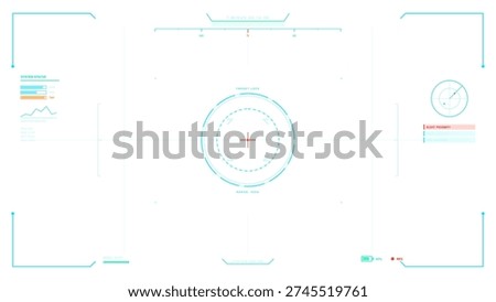 A futuristic digital heads-up display interface featuring a central target lock crosshair, radar, system status indicators, and a proximity alert on a clean white background.