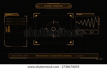 A futuristic digital head-up display interface features orange diagnostic data, a central targeting reticle, and waveform graphs against a dark grid background for a sci-fi aesthetic.