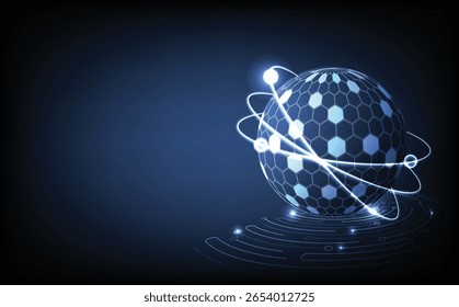 Hexágono digital futurista con órbita de partículas brillantes y diseño cuántico, que representa IA, nanotecnología, big data e innovación de alta tecnología en una ciencia moderna y computación virtual
