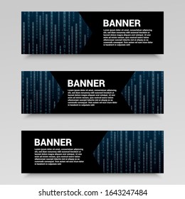 Futuristic and digital horizontal banners with place for text and glowing streams of binary computer code. Vector illustration