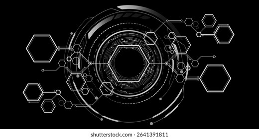 Futuristic digital HUD interface with hexagonal structure linked by circuits and nodes. Abstract technology chart design for FinTech background or scientific presentation. Vector illustration.