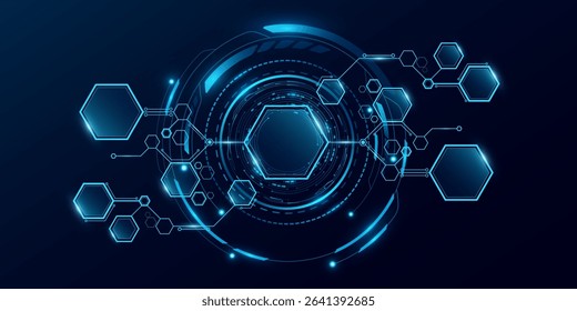 Futuristic digital HUD interface with hexagonal structure linked by glowing blue circuits and nodes. Abstract technology chart design for scientific presentation. Vector illustration.