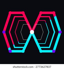 A futuristic digital illustration featuring nested hexagonal outlines with glowing nodes and colorful gradients on a dark black background canvas.