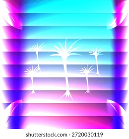A futuristic digital illustration featuring white palm tree silhouettes layered over a horizontal striped background. The design uses a vibrant palette of cyan, magenta, and deep blue with glowing leaf accents in the corners. The rhythmic line pattern creates a retro-tech or synthwave aesthetic, perfect for music covers, electronic party flyers, and creative digital wallpapers.