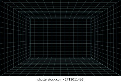 Una ilustración digital futurista de una computadora portátil con una cuadrícula en la pantalla rodeada de líneas azules y puntos en una