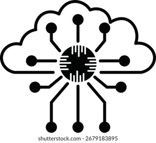 A futuristic digital illustration of a microchip integrated with a stylized cloud, representing data processing and cloud computing technology.