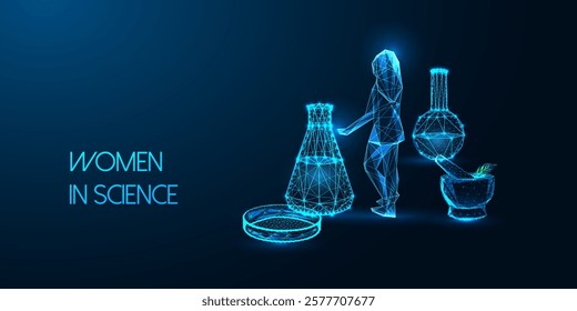 Futuristic digital illustration of a woman in science with laboratory equipment, including flask, petri dish, and mortar. Glowing wireframe design on dark blue background. Abstract vector illustration