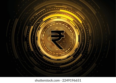 futuristic digital indian currency sign on golden token background vector