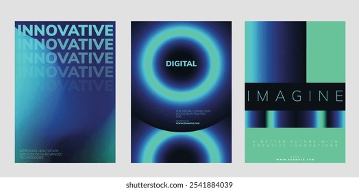 Futuristic digital innovation posters. Digital poster template set with abstract blue and green gradient background design. Set of digital innovation poster templates, blue and neon green design