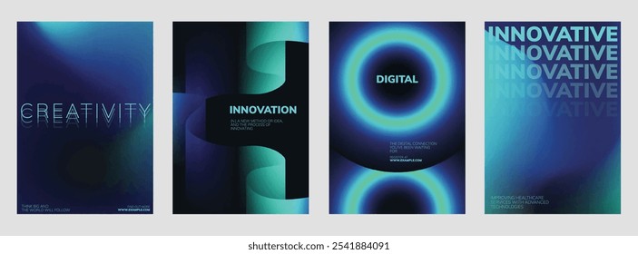 Carteles de innovación digital futurista. Conjunto de Plantilla de póster futurista con diseño de fondo degradado azul y verde abstracto. Conjunto de Plantillas de póster futuristas, diseño azul y verde neón