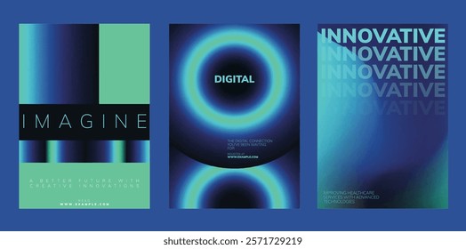 Futuristic digital innovation posters. Digital vector template set with abstract blue and green gradient design. Set of innovation poster, vector templates with blue and neon green design
