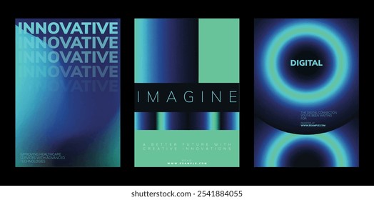 Plantillas de carteles de Vector de innovación digital futurista. Conjunto de Plantilla de póster futurista, diseño de Vector degradado azul y verde abstracto. Conjunto de Plantillas de Vector de cartel futurista, azul y verde neón