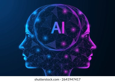 Futuristic digital intelligence of the future. Fusion of neutron networks and technologies into a single synthetic mind. Polygonal design of interconnected lines and dots.